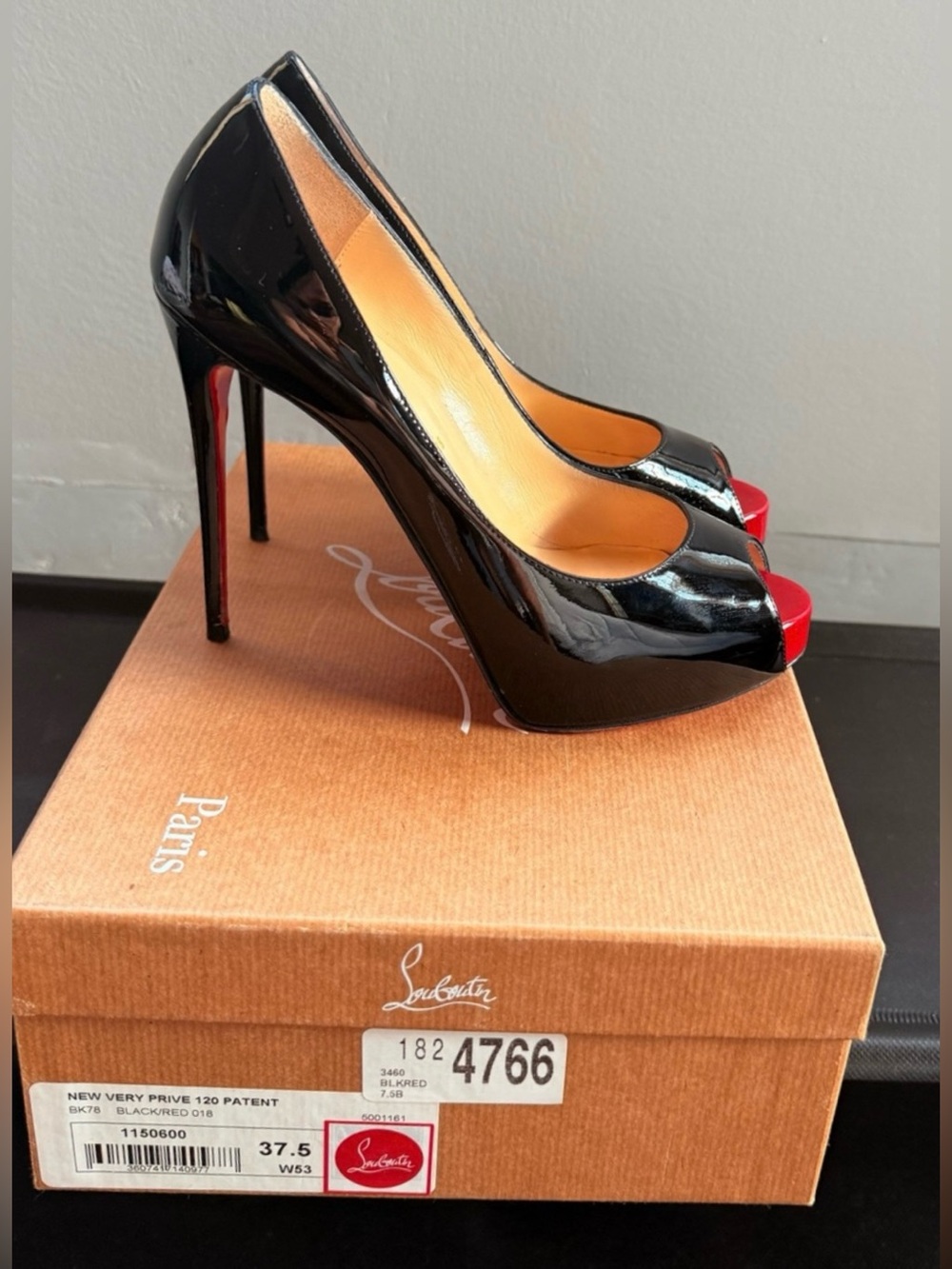 Authentic Christian Louboutin Black Patent Peep-Toe Pumps with Red Toe Cap